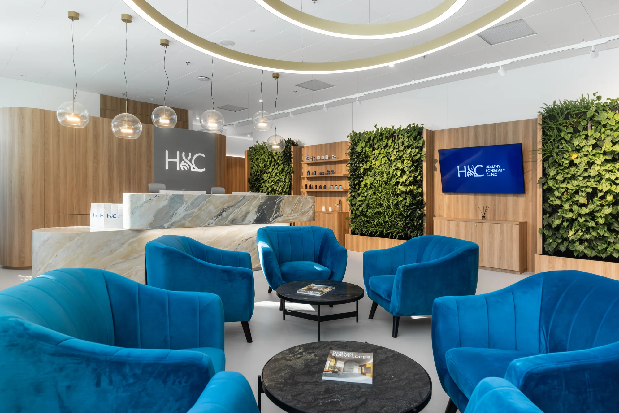 Reception with blue armchairs, a curved stone-patterned counter and green wall panels.