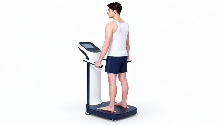 Educational illustration of a standing bioimpedance body-composition assessment