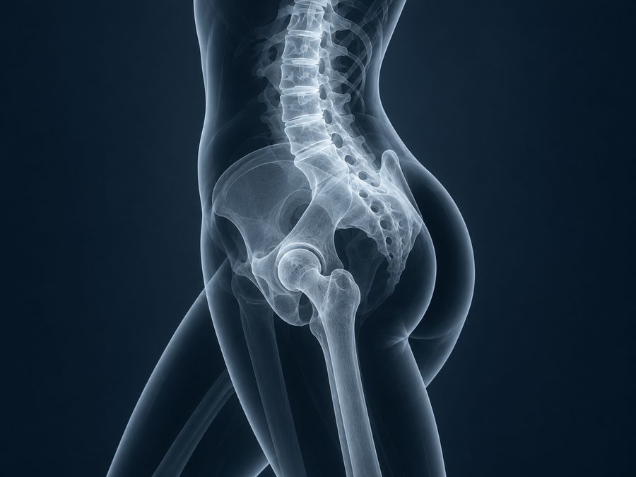 Educational illustration of the hip and lumbar spine measured in bone densitometry