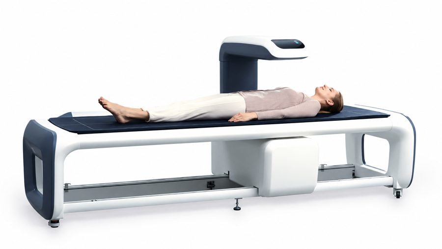 Educational illustration of a person lying on an open DXA examination table