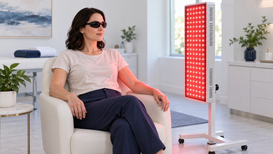 Educational illustration of a person seated beside a red-light panel